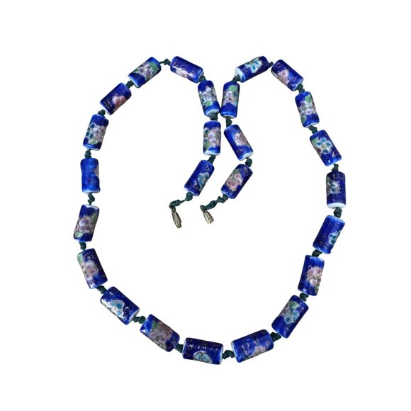 Vintage Chinese Cloisonne Blue Floral Glass Bead Necklace With Barrel Clasp 22" - Picture 2 of 6